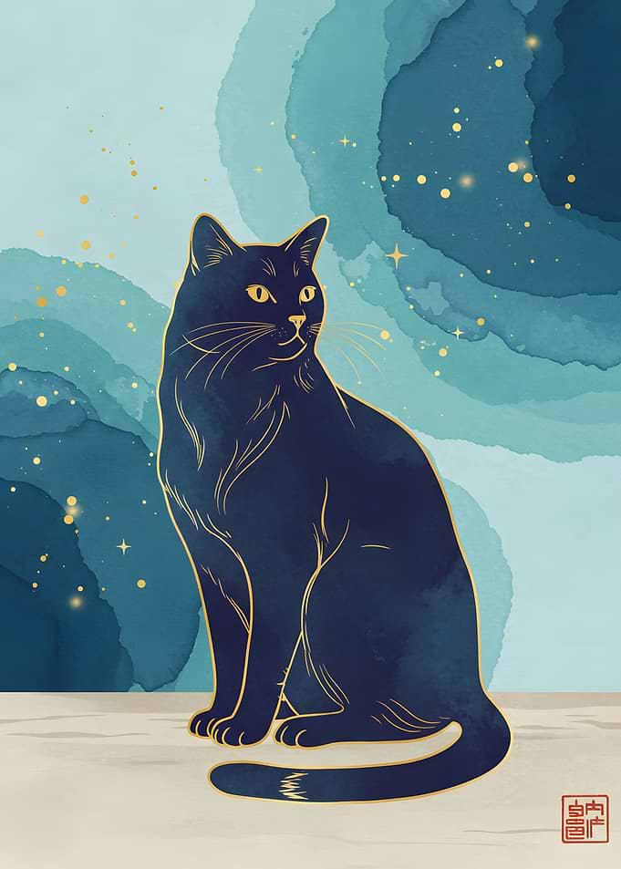 Elegant Black Cat Illustration with Gold Accents
