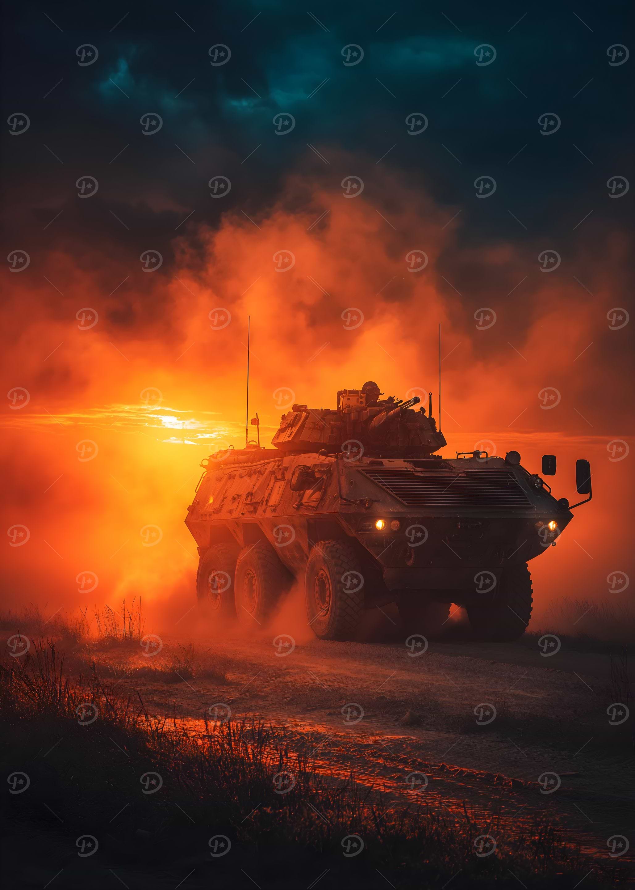 Military Vehicle at Sunset