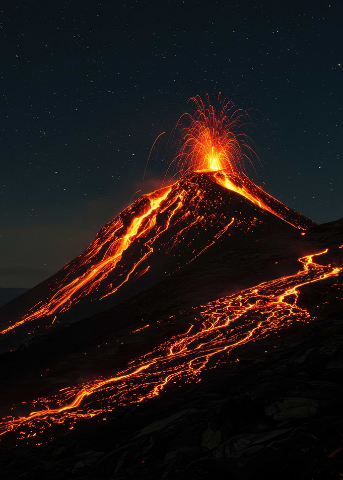 Volcano Eruption at Night
