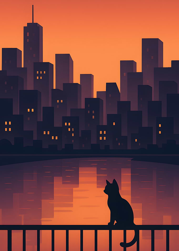 Cat Silhouette Cityscape at Sunset