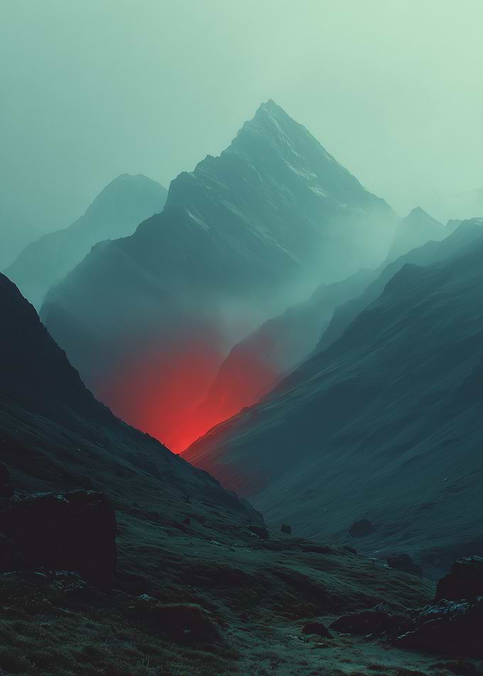 Misty Mountains with Red Glow