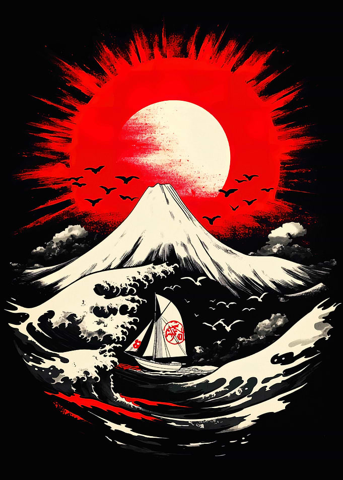 Japanese Landscape with Sailboat and Mountain