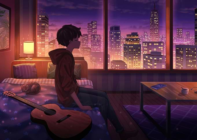 night cityscape with boy and guitar