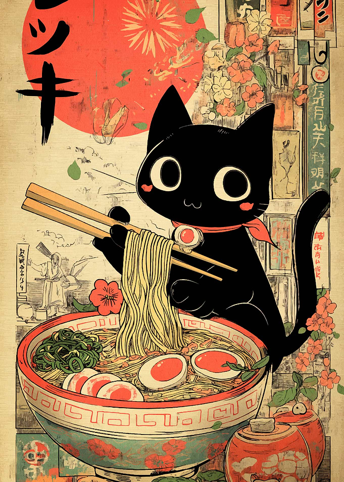 Black Cat Eating Ramen Ukiyo-e Style