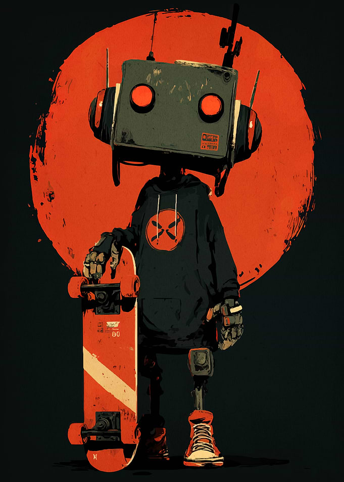 Robot Skater with Red Moon Backdrop
