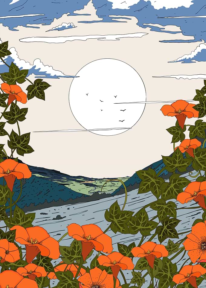 Floral Landscape with Moon and Birds