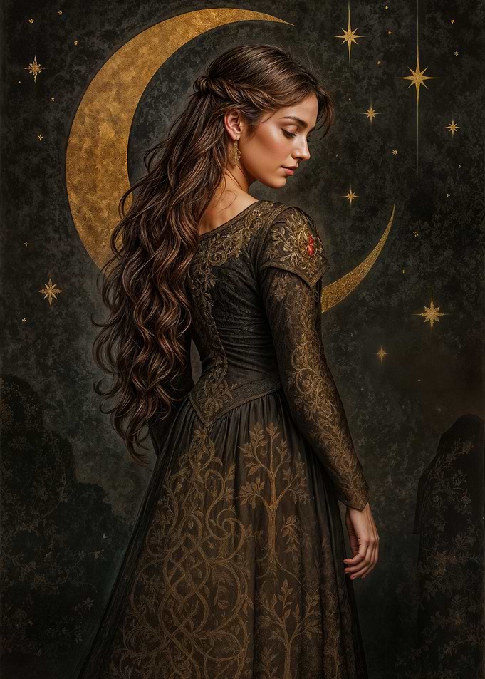 Serene Woman Under Bronze Moon: Ancient Forest Keeper