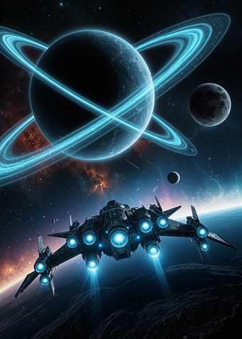 Spaceship in front of a ringed planet