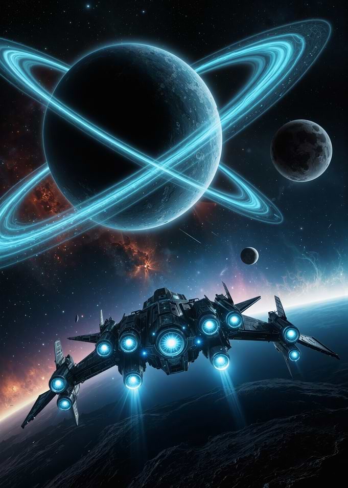 Spaceship in front of a ringed planet