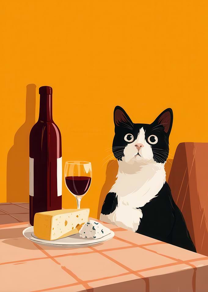 Cat with Wine and Cheese Still Life