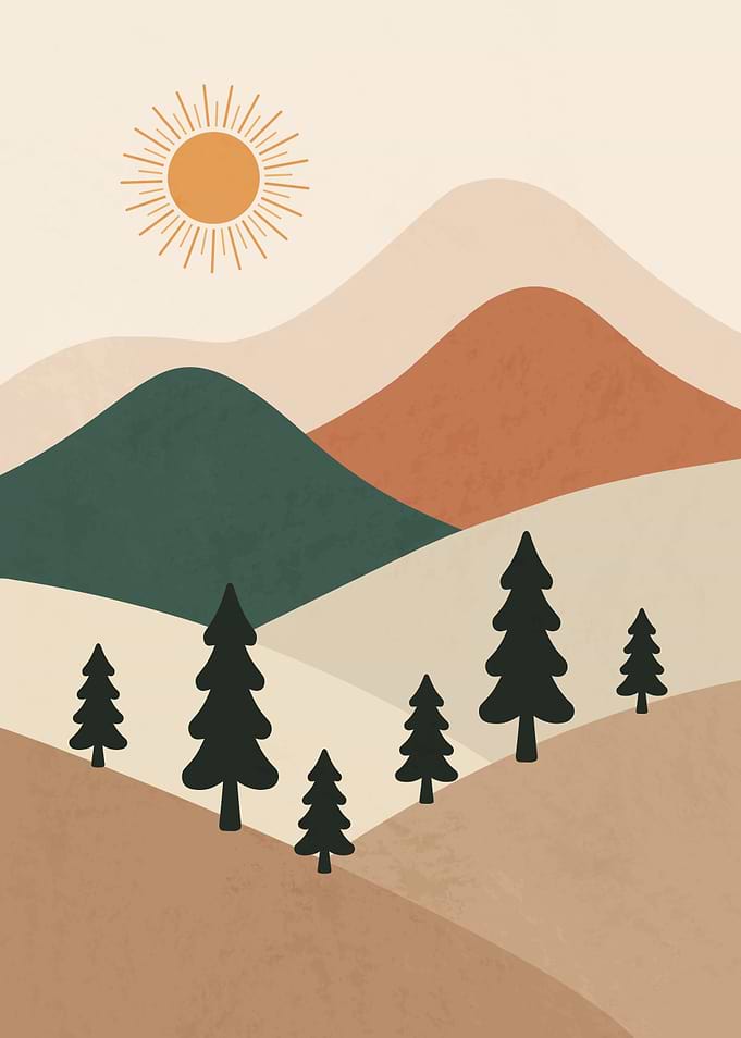 Minimalist Landscape with Mountains and Trees