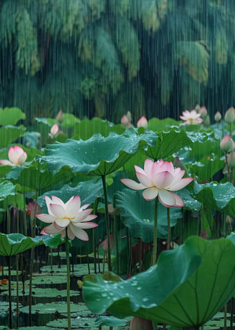 Lotus Flowers in the Rain