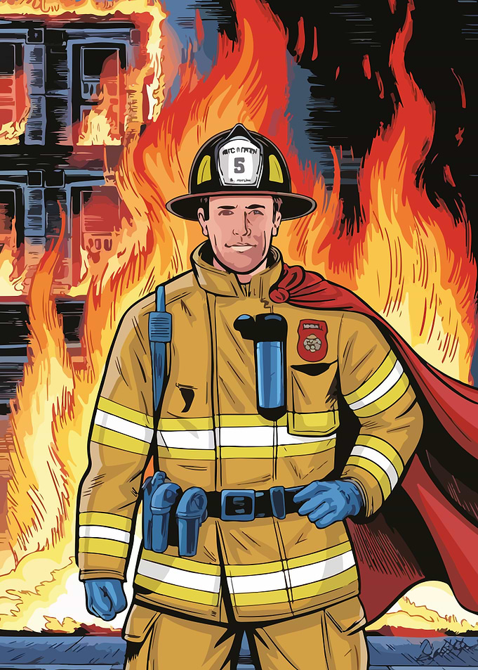 Firefighter Hero in Burning Building Comic