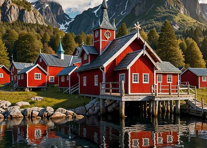 Red Cabins by the Water