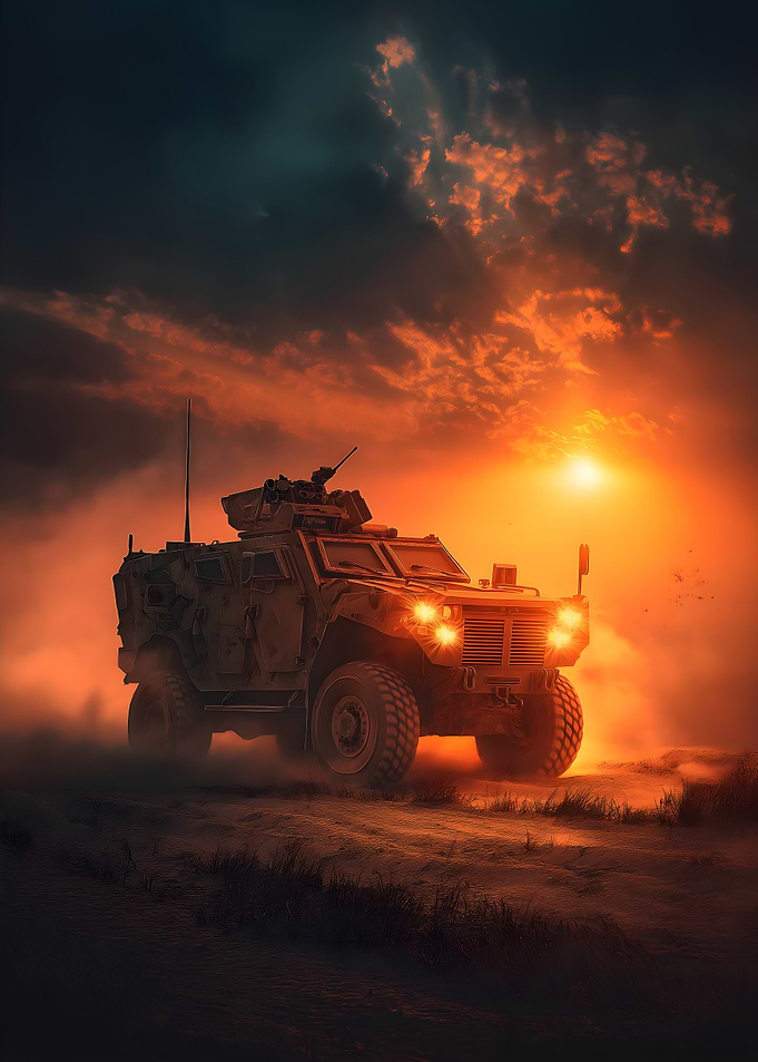 Military Vehicle at Sunset
