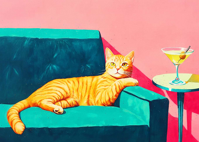 Sophisticated Cat with Martini on Couch