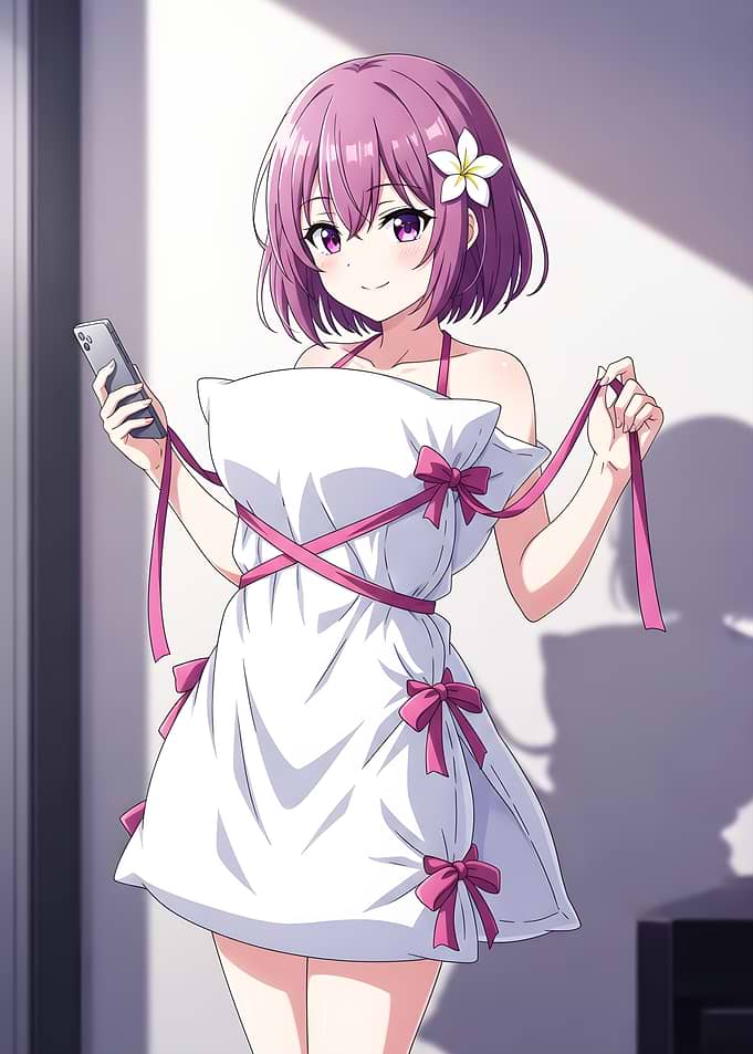 Anime girl in pillow dress holding phone