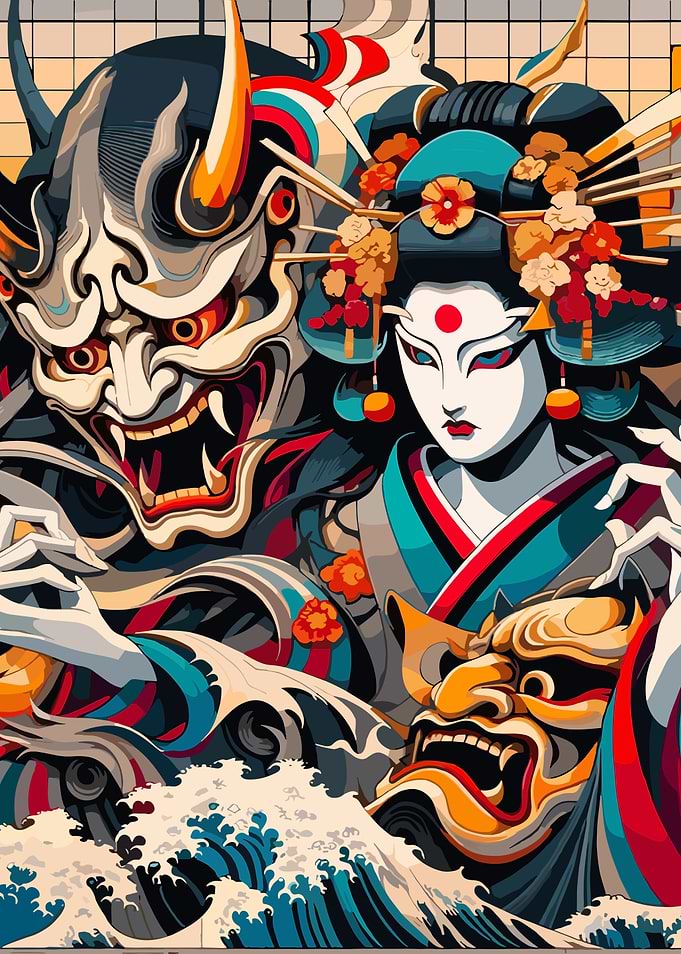 Geisha and Oni Mask Art