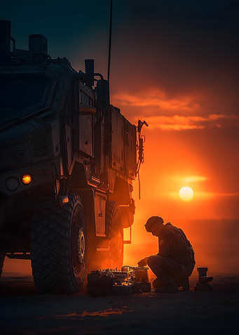 Military Vehicle Repair at Sunset