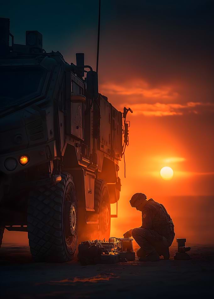 Military Vehicle Repair at Sunset