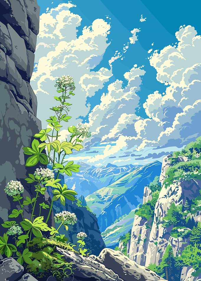 Mountain View with Flowers and Clouds