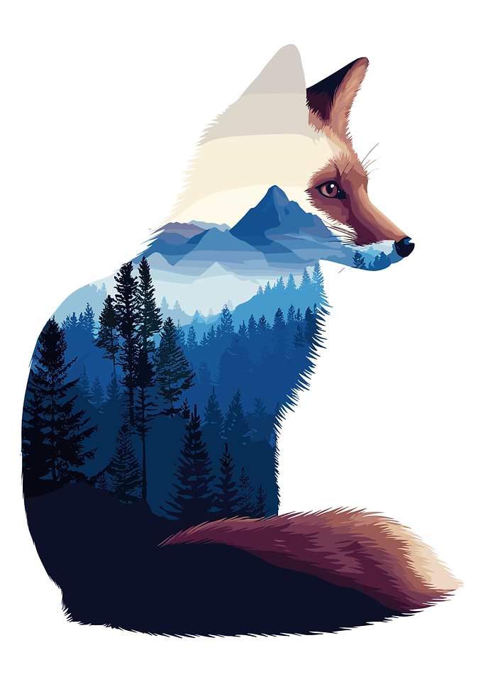 Fox Silhouette with Mountain Landscape