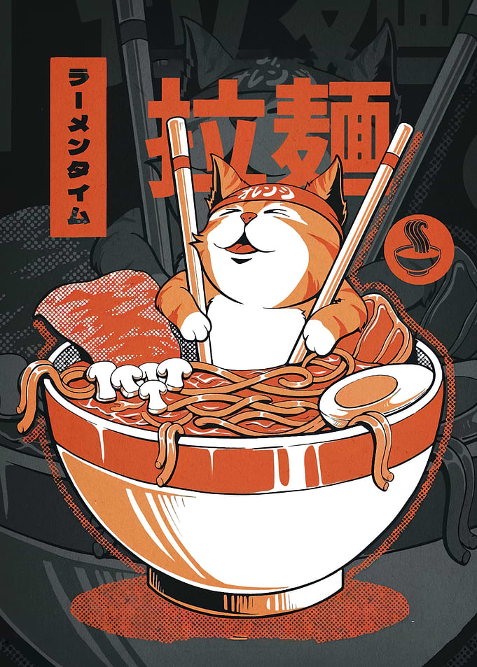 Cat in Ramen Bowl Illustration