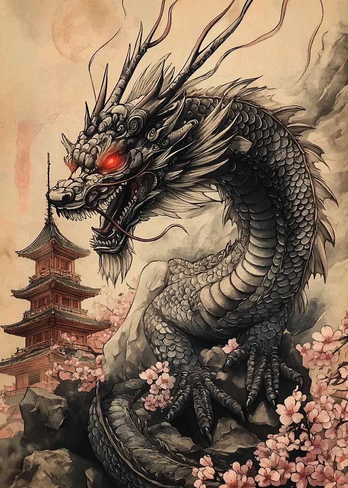 Dragon with Pagoda and Cherry Blossoms