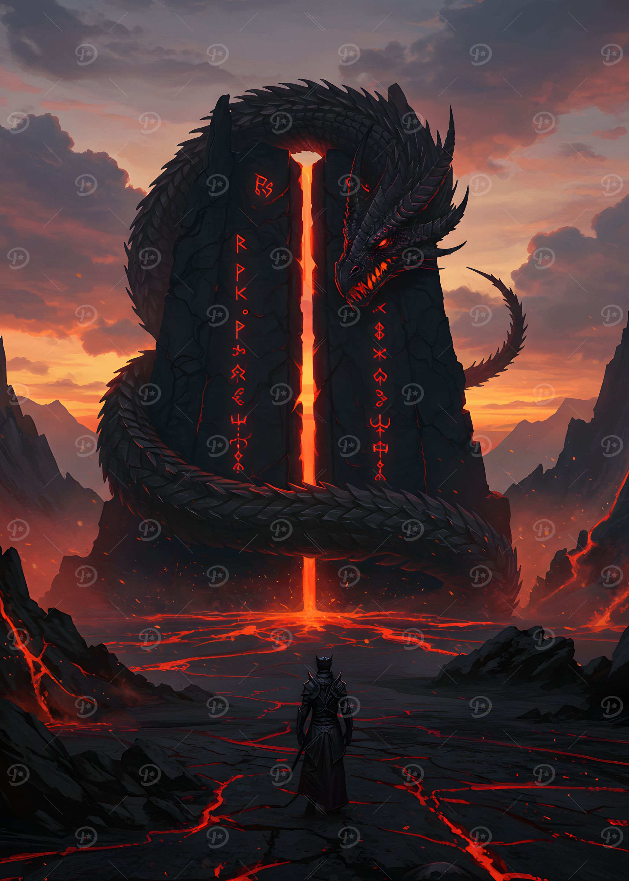 Dragon Warrior in Volcanic Landscape