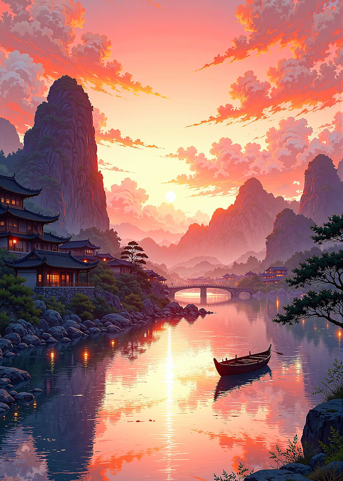 Serene Asian Landscape at Sunset