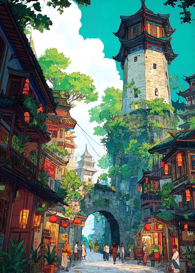 Traditional Asian Town with Tower