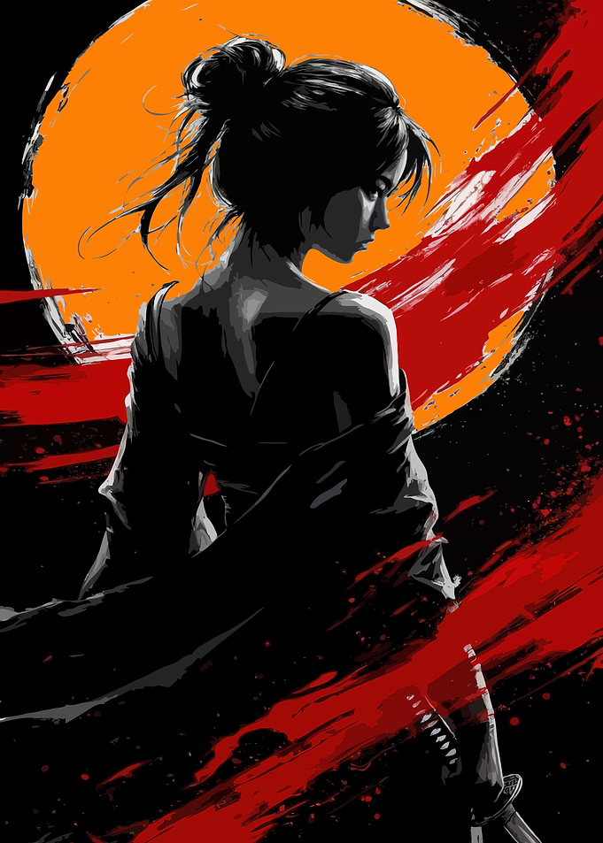 Samurai Woman with Sword and Moon