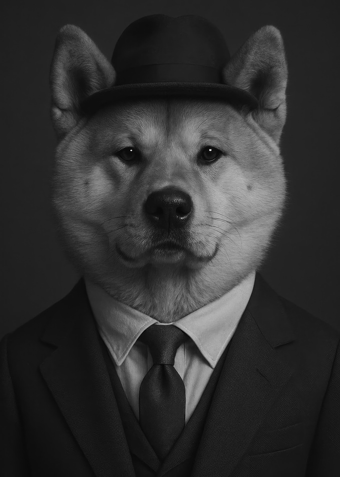 Akita Inu Dog in Suit and Bowler Hat