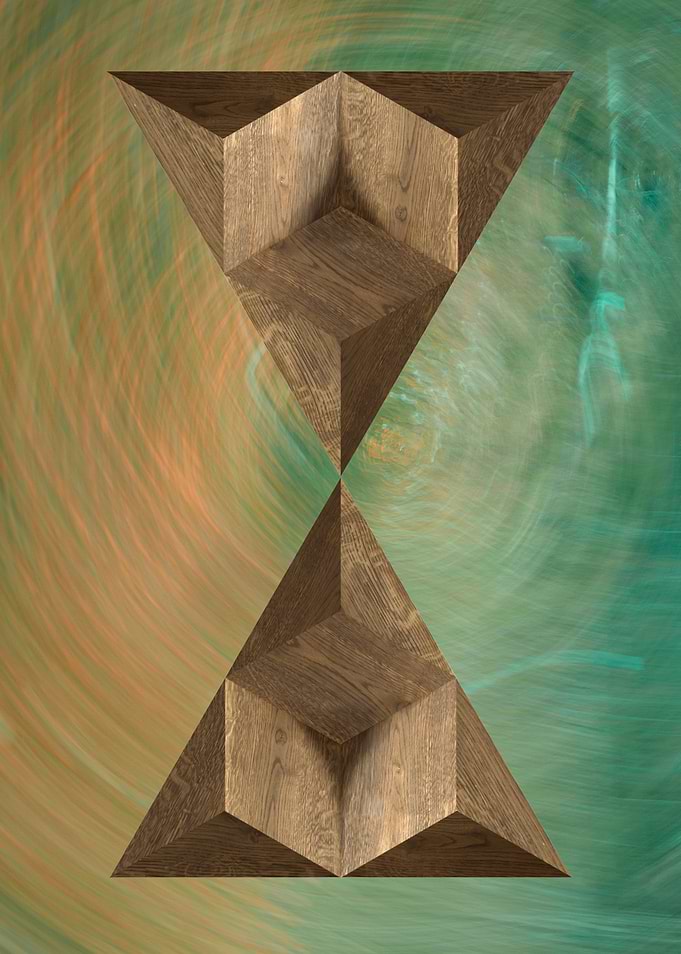 Abstract Wooden Hourglass on Swirling Background