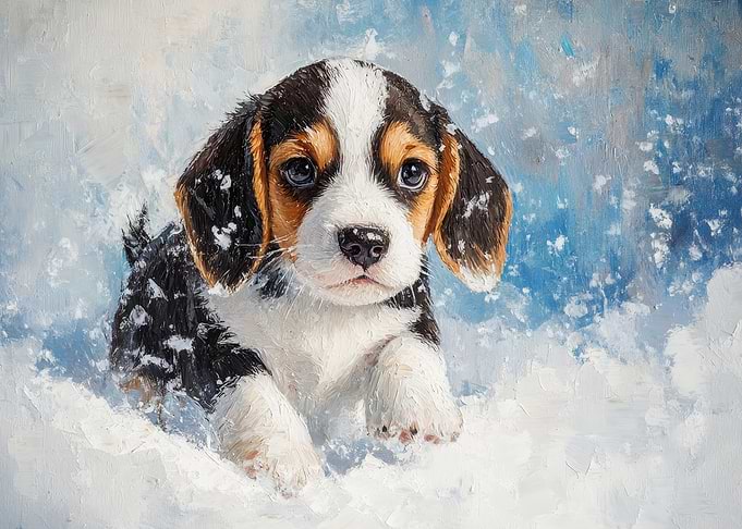 Beagle Puppy in Snow Painting | Cute Beagle print