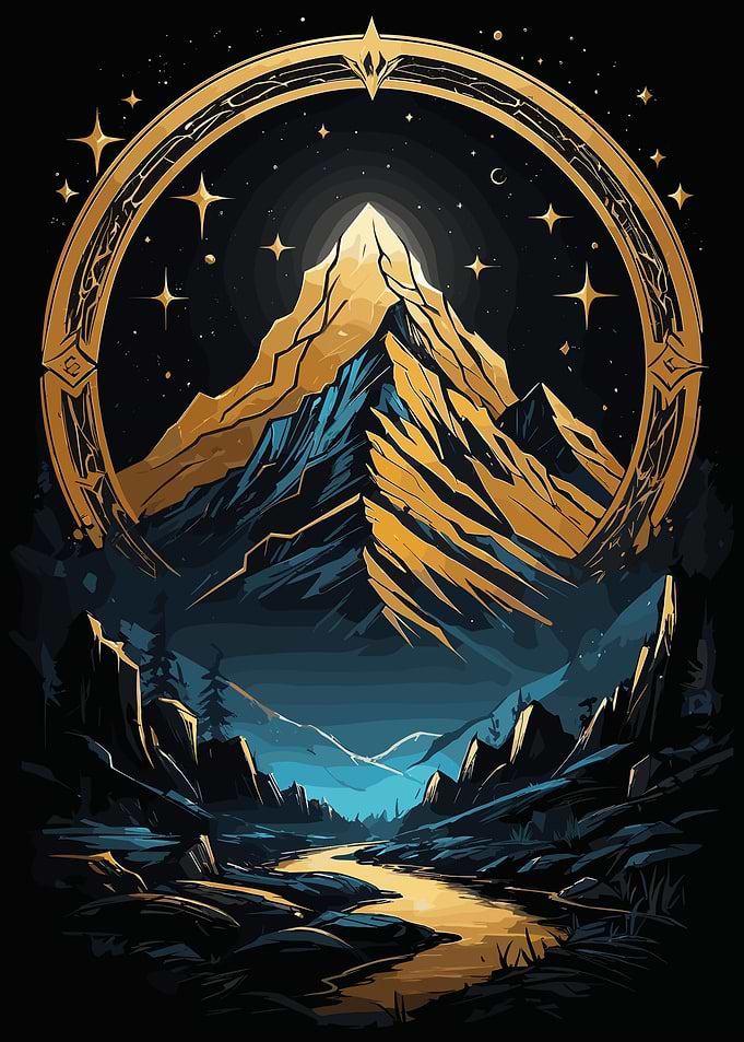 Golden Mountain Landscape with Celestial Frame