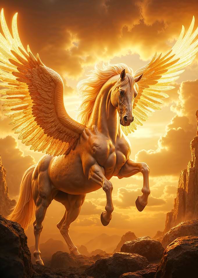 Golden Pegasus in a Dramatic Landscape