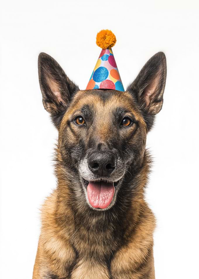 Belgian Malinois Dog with Party Hat Portrait