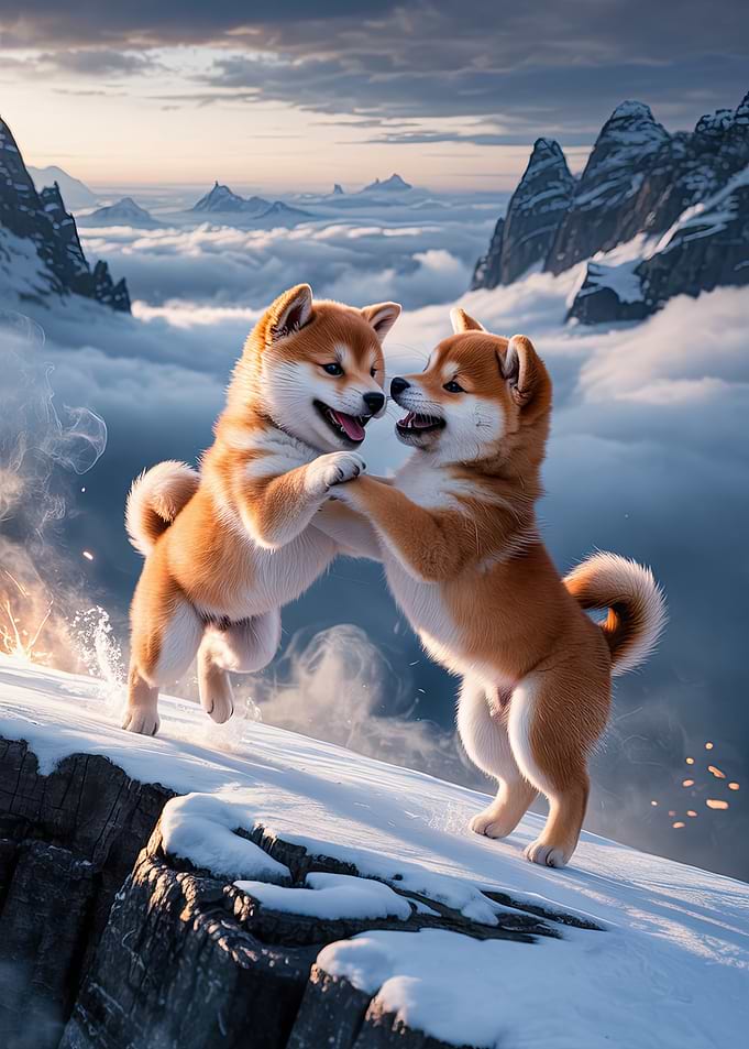 Two Shiba Inu Puppies Playing in Snow