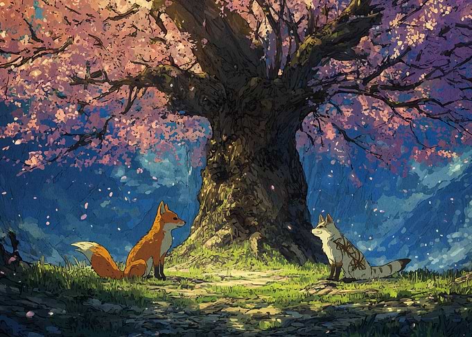 Foxes under Cherry Blossom Tree
