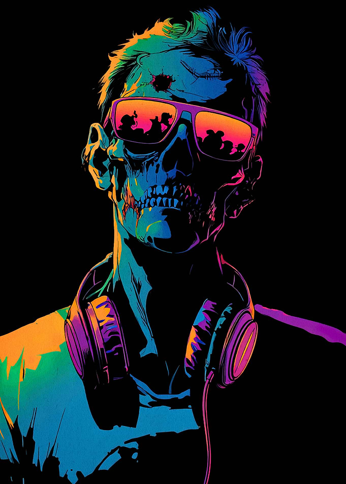 Neon Skull DJ with Headphones