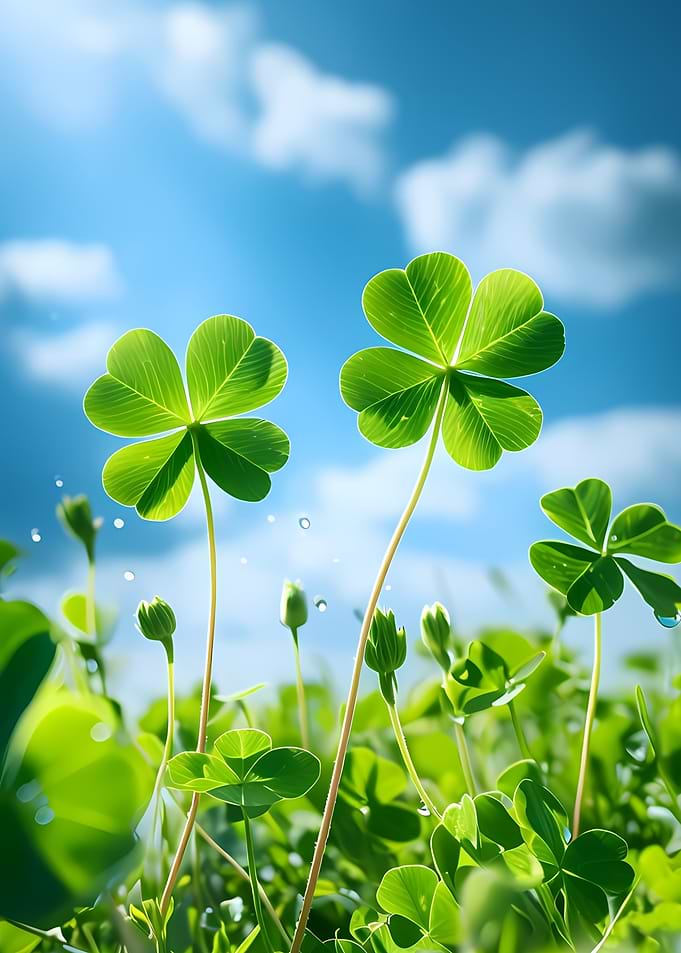 Four-leaf clovers against a blue sky