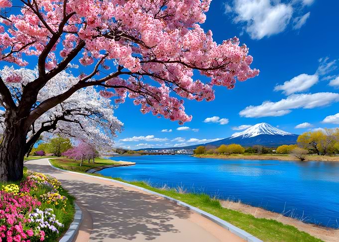 Cherry Blossoms and Mount Fuji Landscape