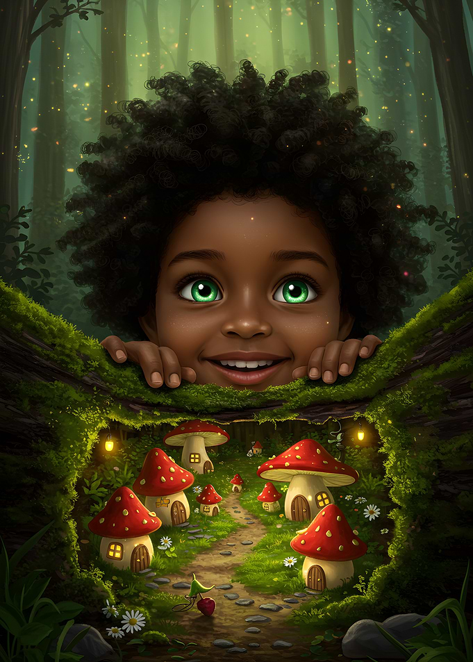 Child Peeking into Mushroom Village