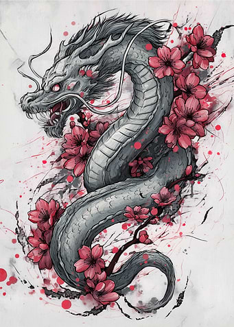 Dragon with Cherry Blossoms Illustration