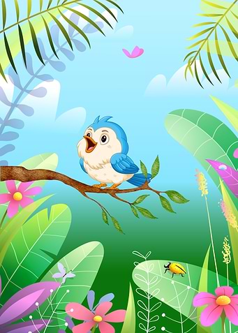 Cartoon Bird on Branch in Nature
