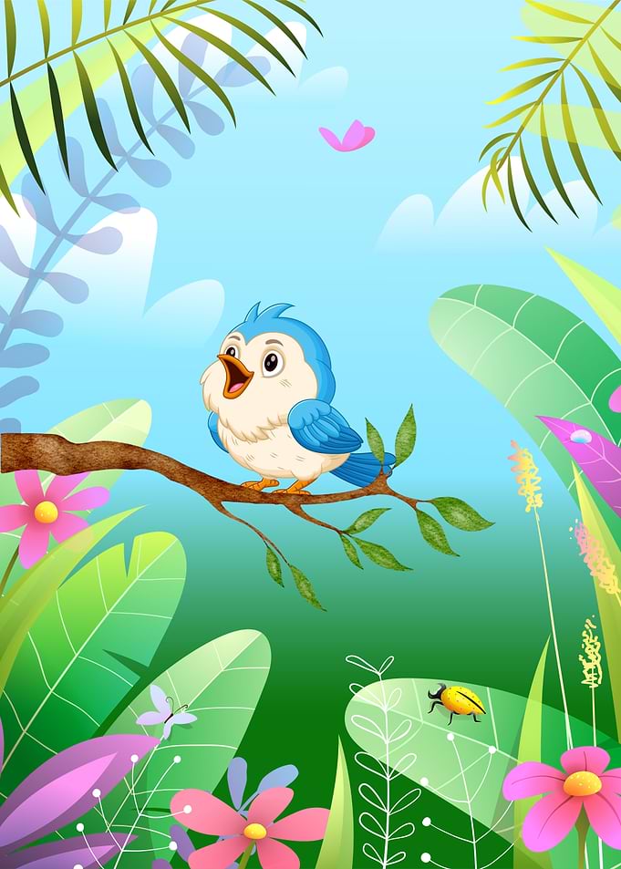 Cartoon Bird on Branch in Nature