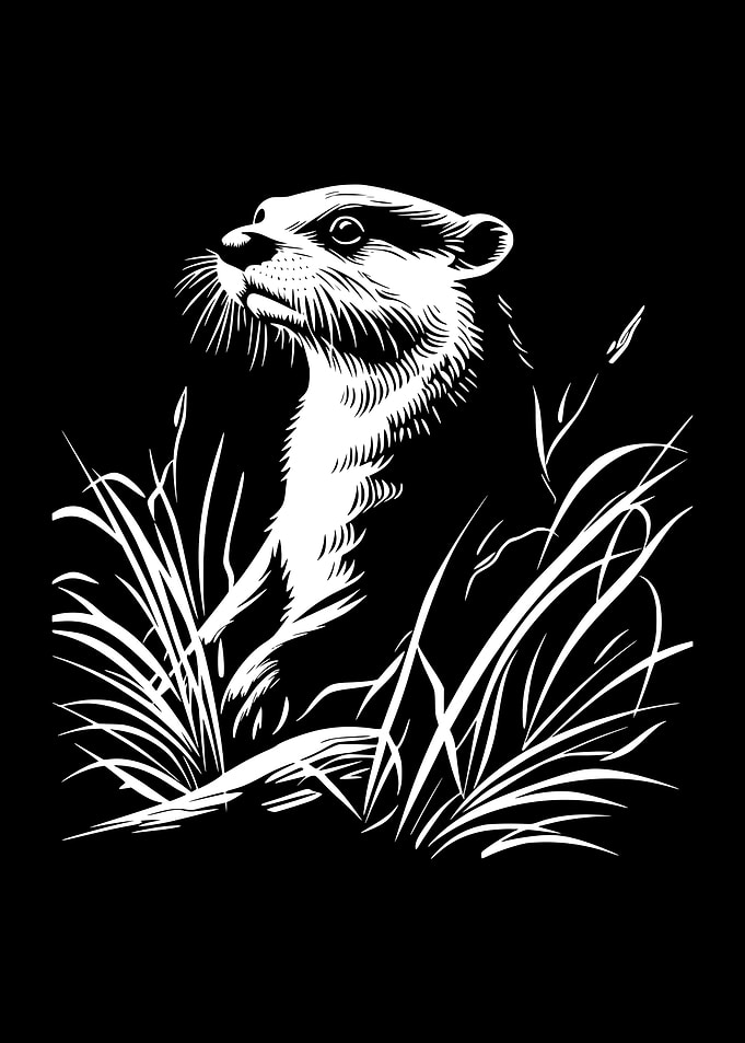Otter in Grass Black and White