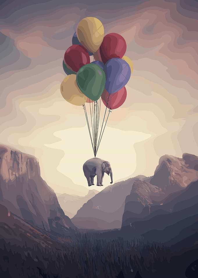 Elephant Flying with Balloons over Mountains