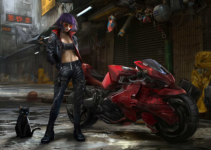 Cyberpunk Girl with Motorcycle and Cat